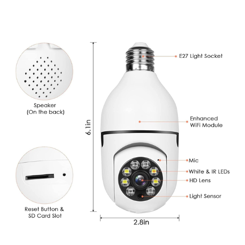 Camera Ampoule Intelligente 360° Wifi Sécurité et surveillance à Domicile (1080p)